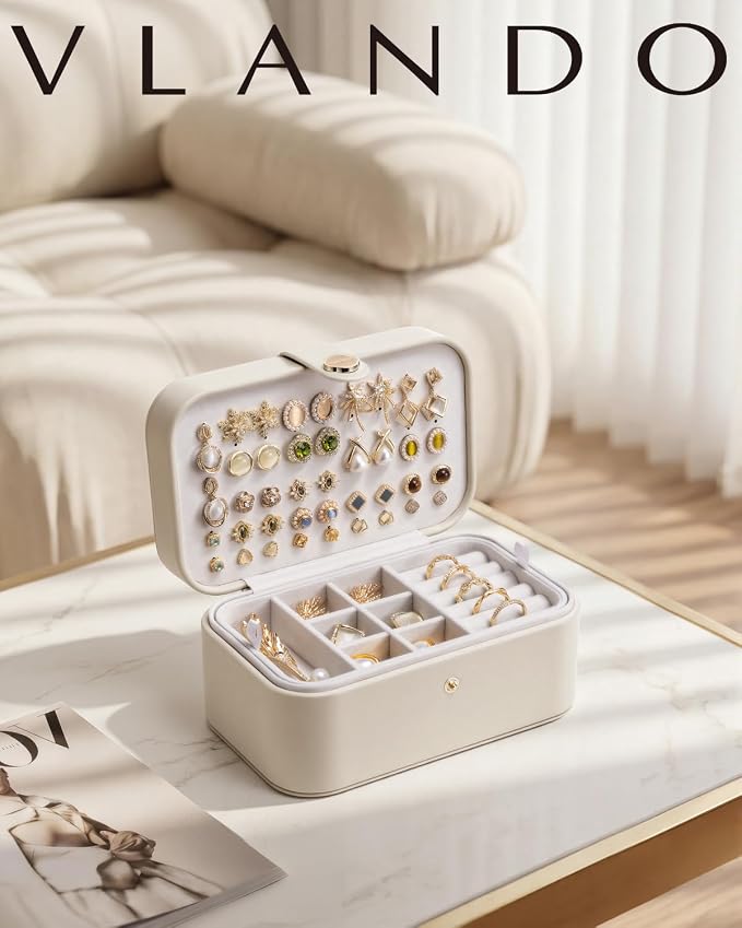 VLANDO Travel Jewelry Case, 2-Layer Jewelry Box, Portabel Travel Organizer for Necklaces, Earring, Bracelets, Ring, Watch - Large Capacity Travel Jewelry Storage - Cloud White