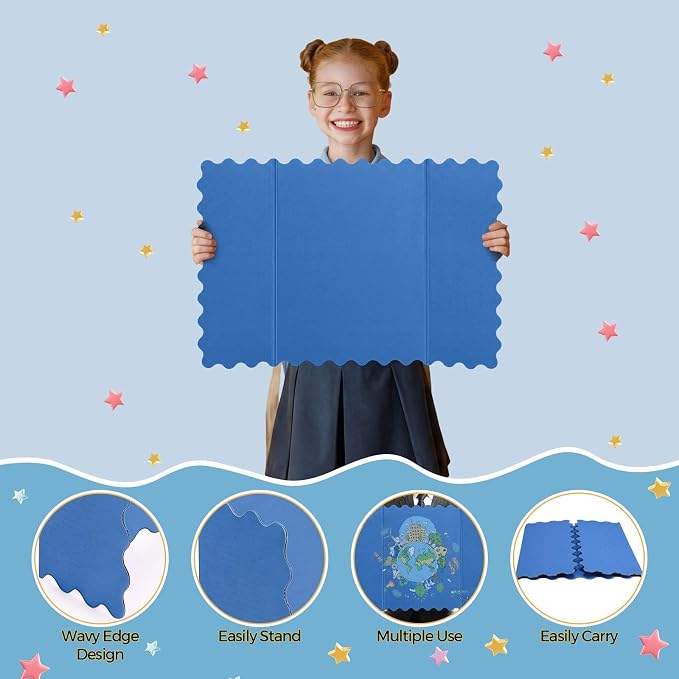 Mooliwe 4 Pack 21" x 14" Trifold Poster Board Gradient Blue Corrugated Scalloped 3 Fold Small Display Boards Foldable Business Paper Board for Presentation Science Fairs Event School Projects