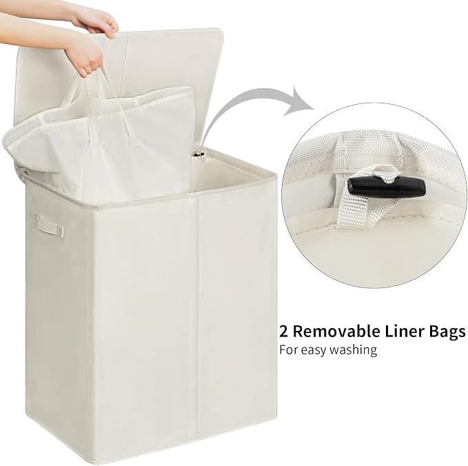 WOWLIVE 154L Double Laundry Hamper 2 Section with Lid and Removable Bags | Divided Laundry Basket, Large Dirty Clothes Hamper with Handle, Collapsible Laundry Storage for Dorm Room, College, Beige