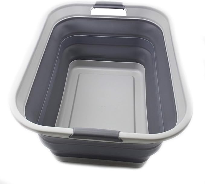 SAMMART 42L(11 gallon) Collapsible Plastic Laundry Basket-Foldable Pop Up Storage Container/Organizer-Portable Washing Tub-Space Saving,Water capacity 34L(9 gallon) (1 Rectangular - strengthen, Grey)