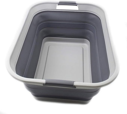 SAMMART 42L(11 gallon) Collapsible Plastic Laundry Basket-Foldable Pop Up Storage Container/Organizer-Portable Washing Tub-Space Saving,Water capacity 34L(9 gallon) (1 Rectangular - strengthen, Grey)