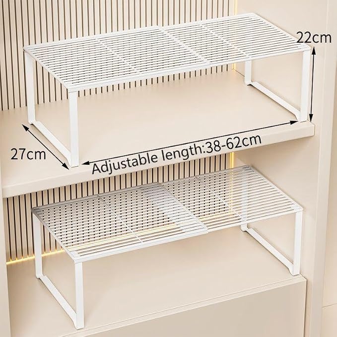 Extendable Metal Wire Shelf Organizer - Adjustable 15-24.4in Length, Stackable Storage Rack for Kitchen/Pantry/Bathroom/Shoe Cabinet/Tool Closet (2, White)