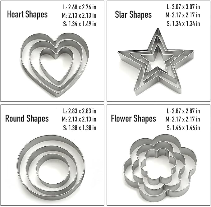 Stainless Steel Cookie Cutters Set 12Pcs - Heart, Flower, Round, Five Star Shapes - Small to Mini Size, Metal Biscuit Cutter Molds for Baking or Holiday Party Decorations