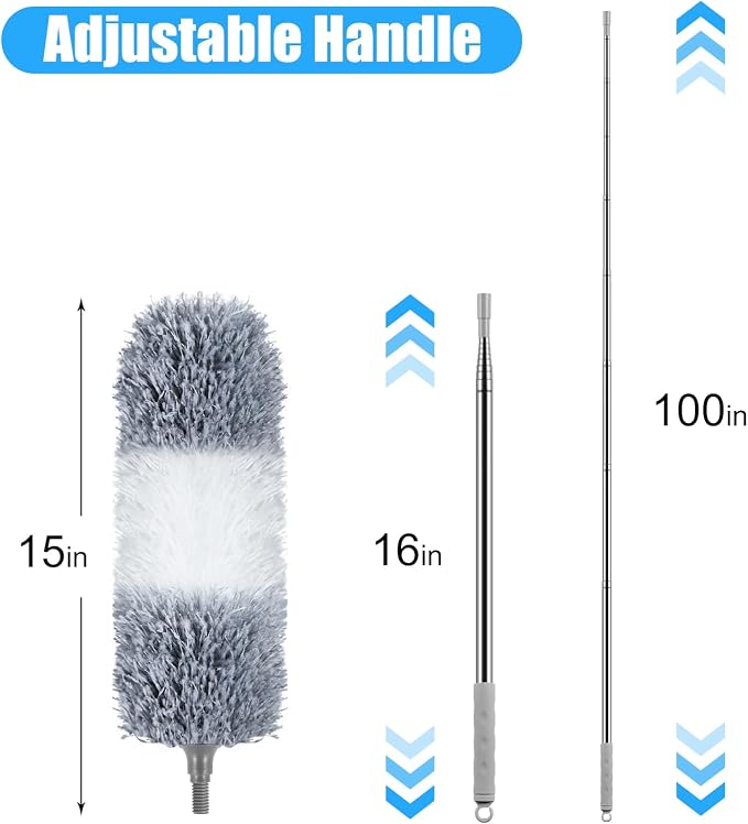 Microfiber Feather Duster, 110 Inch Extendable Telescoping Pole Duster with Bendable Washable Head, Long Handle Cleaning Duster for Ceiling Fan, High Ceiling, Blinds, Furniture and Cars(Gray)