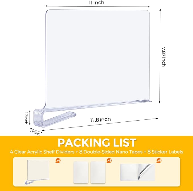 JOY DECOR 8 Pack Acrylic Clear Shelf Dividers for Closets Organizer and Storage Adjustable Vertical Wood Shelf Closet Separators for Clothes,Book,Bags in Bedroom and Kitchen | Adjustable Vertical Wood Shelf Closet Separators, Keep Clean, for Clothes,Bo...