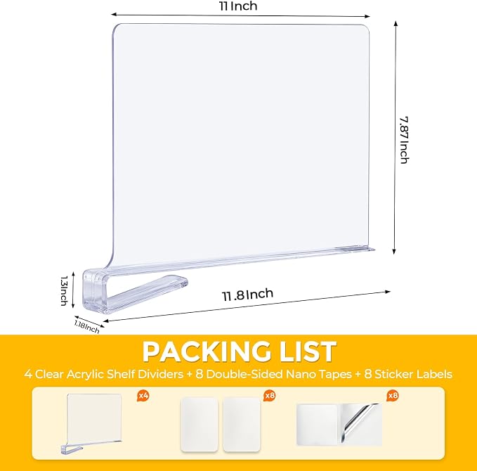 Clear Acrylic Shelf Dividers for Closets Organizer & Storage,6 Pack | Adjustable Vertical Wood Shelf Closet Separators, Keep Clean, for Clothes,Book,Bags, in Bedroom and Kitchen