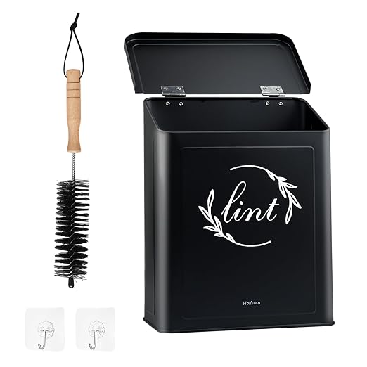 Magnetic Lint Bin for Laundry Room, Metal Lint Trash Can for Dryer | Metal construction, magnetic or wall-mounted, includes lint brush, flip lid, space-saving for laundry rooms, black finish