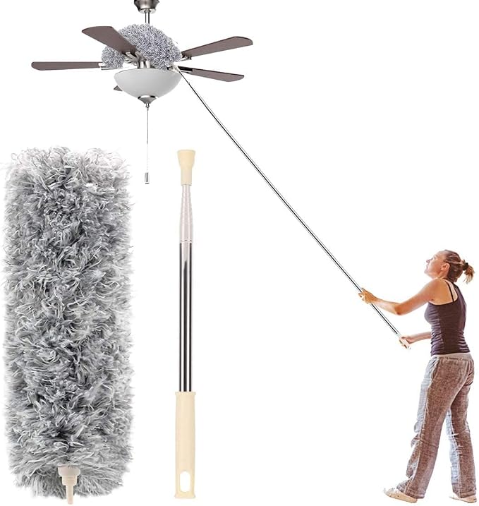 Duster with Extension Pole, 30-100 Inch & Bendable Microfiber Duster Head | Detachable & washable Duster head，Extendable Long Duster for Cleaning Ceiling Fan, High Ceiling, Keyboard, Furniture Car Gray