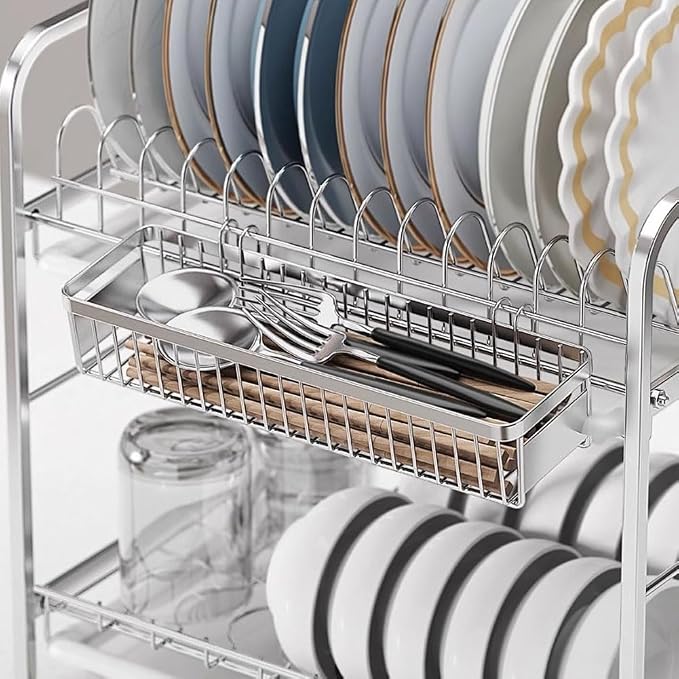 Sturdy 304 Stainless Steel Flatware Organizers with Hooks, 2 Pcs Drawer Silverware Organizer for Chopsticks/Spoon/Fork/Knife, Large and Small