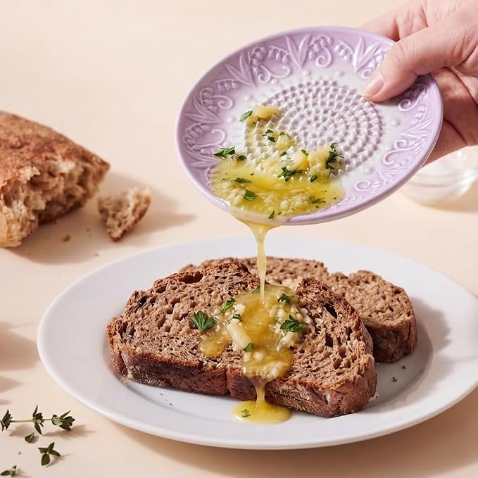 Handcrafted Ceramic Garlic Grater Plate 4-Pc Set, 5.12" Handmade Porcelain Grinding Dish with Wooden Boar Bristle Brush & Textured Silicone Peeler, Lavender Purple Embossed Lily