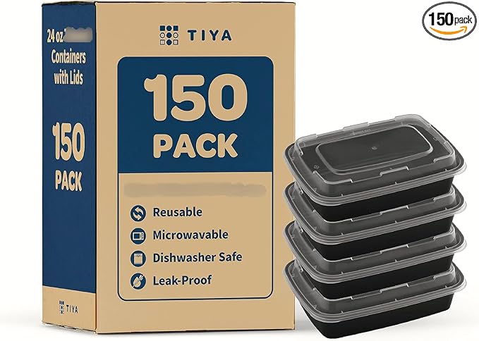 TIYA Food Containers - 24 oz Bulk 150 Pack with Lids - Rectangular Plastic To-Go Containers - Reusable, Microwavable, Dishwasher Safe - Leak-Proof for Meal Prep - BPA-Free