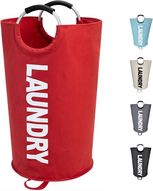 Maxsilan 90L Large Laundry Basket Bag, Collapsible Tall Hamper, Red | Freestanding tall laundry bag & foldable washing basket. Extra large clothes storage bin with durable sturdy handles
