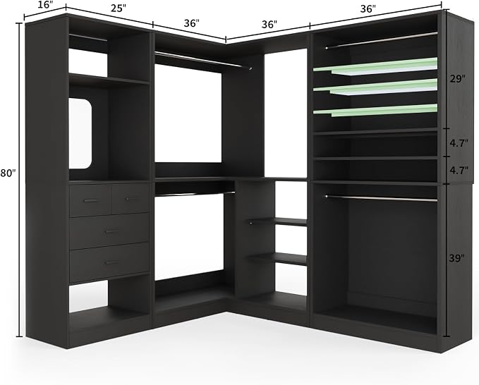 Unikito 97" Large Modular Closet System, 2500LBS Heavy Duty Wood Wardrobe with 4 Hanging Rods, 3-Piece Customizable Walk-in Garment Rack for Bedroom, Black
