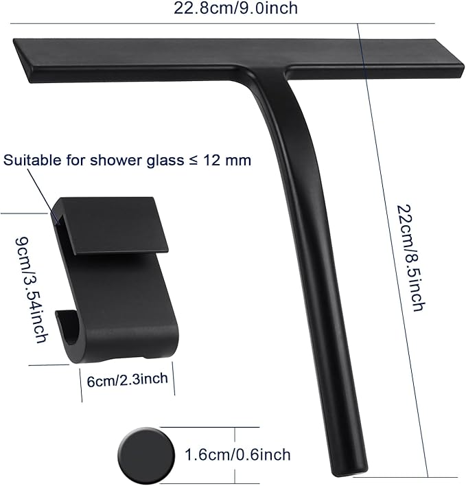 Silicone Shower Squeegee, Black, 9 inch | All-Purpose, For Shower Glass Door, With Hook, Household Cleaner Tool