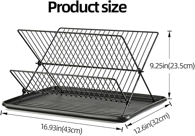 Black Foldable Double-Tier Dish Rack Large-Capacity Expandable Dish Rack, Rust-Proof Dish Rack, Draining Tray Suitable for Kitchen Worktops (Black)