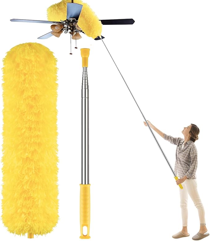 Microfiber Feather Duster, High Ceiling Fans with 30-100 Inch Pole, Yellow | Bendable and Washable Head Traps Dust Without Scratching, Reaches Blinds, Fixtures, Corners and Cobwebs for Wet or Dry Use