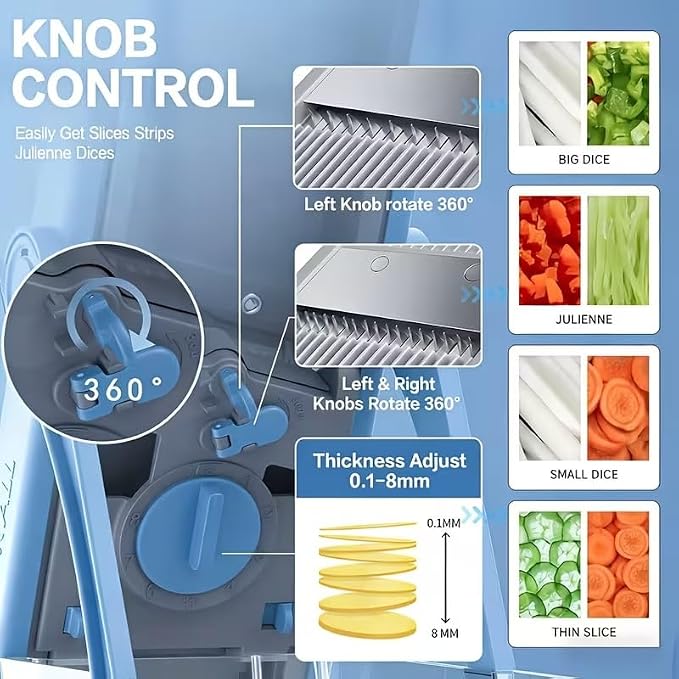 Mandoline Slicer Vegetable Cutter with Container - No Blade Change Needed, Adjustable 0.1-8mm Thickness, Stainless Steel, Hand Guard, Julienne Waffle Cuts for Meal Prep (Blue)