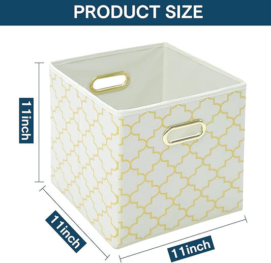 Fabric storage bins Cubes, Fabric Cube Organizer with Handle, Foldable Cube Bins for Cloth or Accessary Storage, 11x11x11, Set of 3, (Creamy-White Gold)