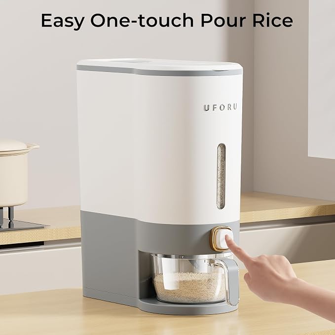UFORU Rice Dispenser, Rice Storage Container with Measuring Cup for Kitchen Pantry Household, Dry Food Storage Containers Airtight, Sealed Moisture Proof (Grey 13 Lbs)