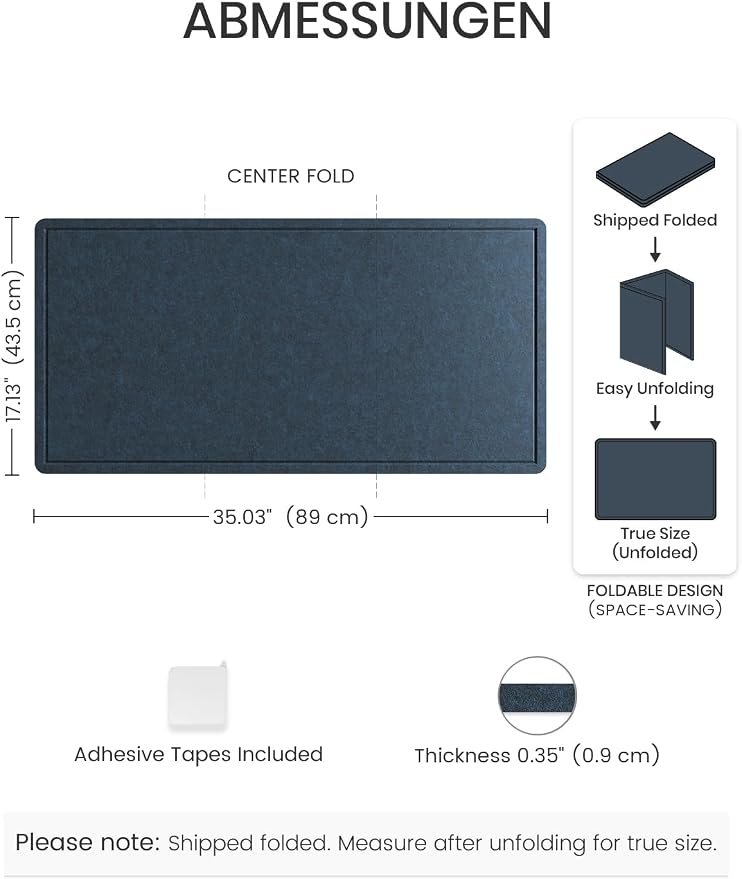 Fluxynara 35" x 17.1" Bulletin Board, Carbon Blue | Cork Board Alternative with 12 Removable Adhesive Tabs, Foldable Felt Pin Board for Home, Office, Classroom & Dorm