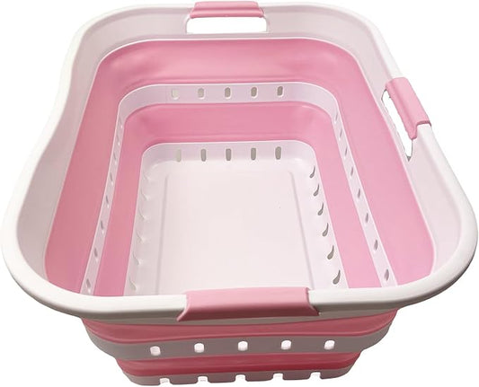 SAMMART 42 (11 Gallons) Collapsible Plastic Laundry Basket, Foldable Pop Up Storage Container/Organizer, Space Saving Hamper, Portable Bin for Dorm Room Bathroom (1, White/Cherry Pink)