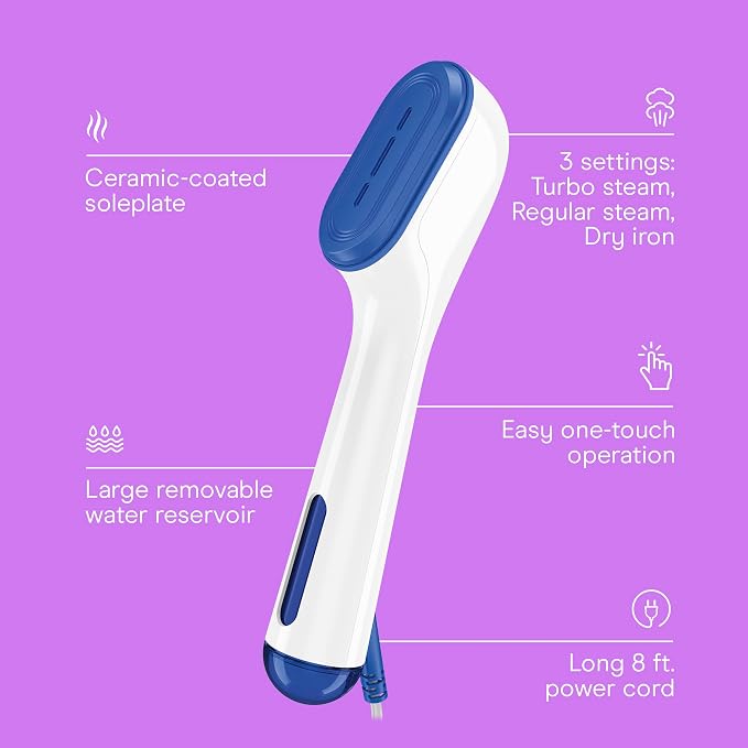 Conair Clothes Steamer, 2-in-1 Travel Steamer & Iron, Anti-Drip, White/Blue | Portable handheld garment steamer for clothes w/ iron, quickly removes wrinkles, dual voltage 120-240V & heats in 75 seconds