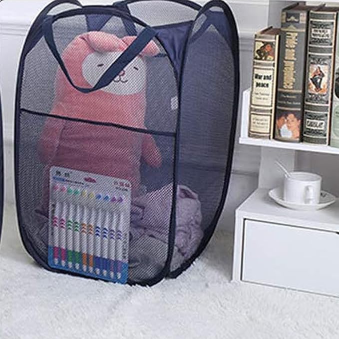 Pop up Laundry Hamper, Foldable Mesh Clothes Hamper for Kids Room, College Dorm or Travel, Collapsible Laundry Basket for Storage, Blue