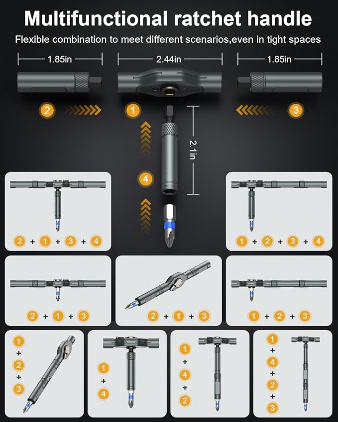 Magnetic Screwdriver Set, Portable Mini Flexible Combination Ratchet Screwdriver Set with T Handle, S2 Steel Bits, Repair Tool Kit for Furniture Assembly, Bicycles, Computer, DIY