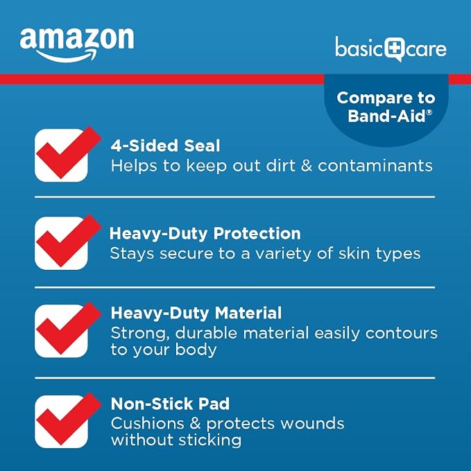 Amazon Basic Care Heavy-Duty Flexible Fabric Adhesive Bandages, First Aid and Wound Care Supplies for Minor Cuts, Scrapes, Blisters, One Size, 100 Count