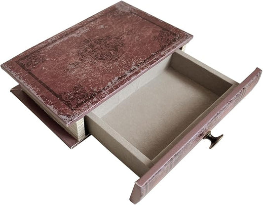 Book Storage Box with Drawer, Distressed Reddish Brown Faux Leather Cover with Classic Damask Pattern, Hidden Vintage-Style Organizer for Jewelry or Keepsakes, 9.5″ x 6.7″ x 2″