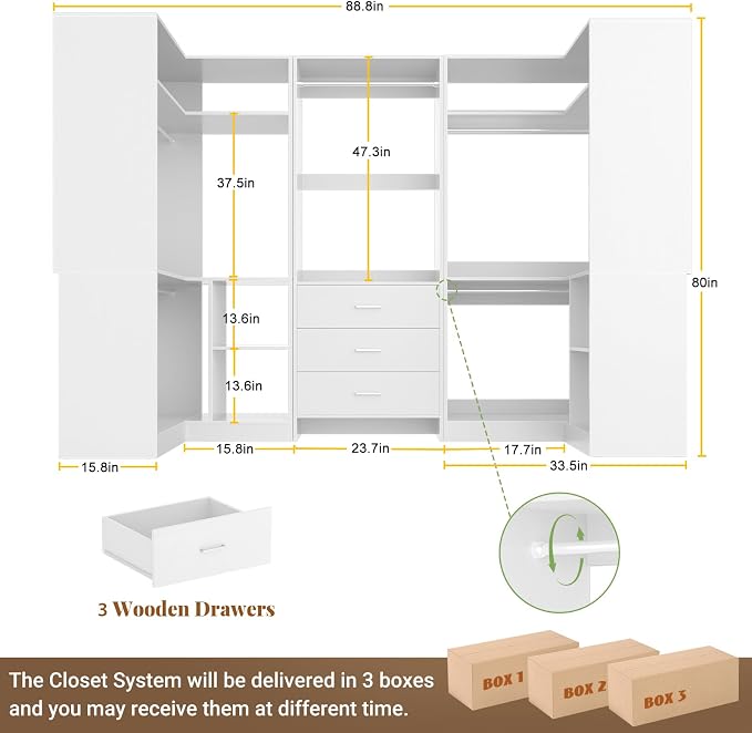 Aheaplus Closet System with 3 Drawers, 5 Hanging Rods & Corner Tower, Corner Closet System with Hanging, 88.8" U-Shaped Walk-In Wardrobe Organizer, 2000+ lbs Capacity, Set of 3,White