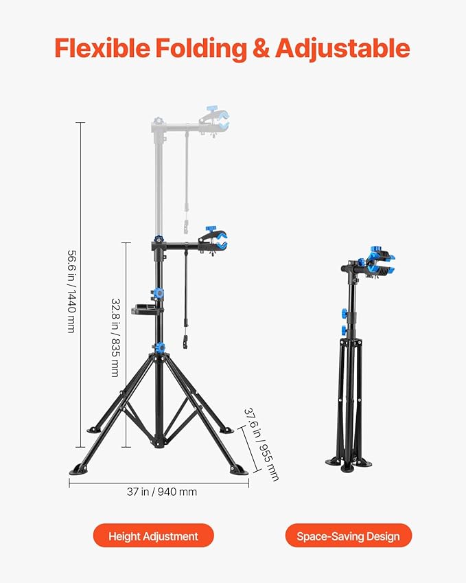 VEVOR Bike Repair Stand, 66 lb Heavy-duty Bicycle Work Stand with 32.8-56.6 in Adjustable Height & Magnetic Tool Tray, Foldable Bicycle Maintenance Rack, Shop Home Mechanics for Mountain & Road Bike