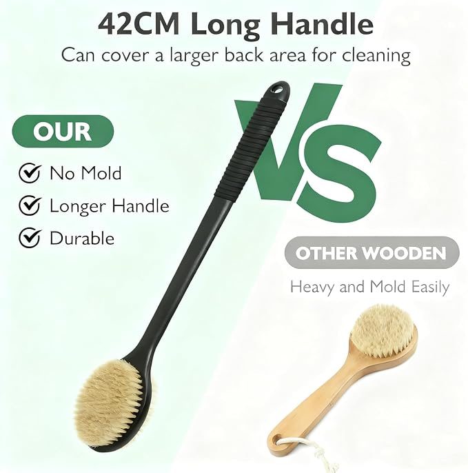 Back Scrubber for Shower, Anti-Slip Long Handle Shower Brush with Soft & Stiff Bristles, Body Exfoliator for Shower, Bath, or Dry Use (Black)