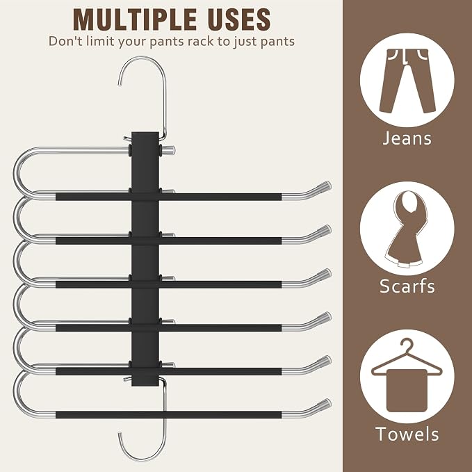 HUITEM Space Saving 6 Tier Pant Hangers, Anti-Slip, Stainless Steel, 2 Pack, Black