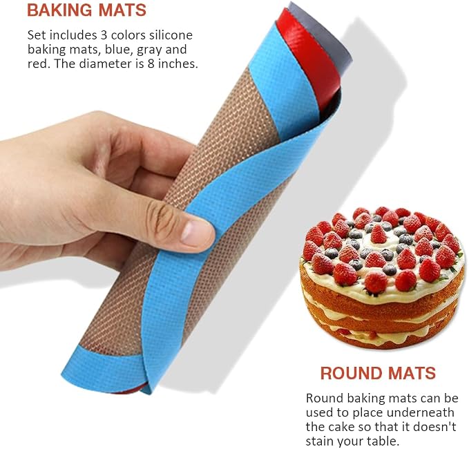 8 Inch Round Silicone Bakintg Mat, Set of 3 Reusable Silicone Baking Mats, Silicone Mat for 8 Inch Cake Pan, Silicone Mat for Baking Cake, Pizza, Pie, Bread, Macaron (Red, Blue, Grey)