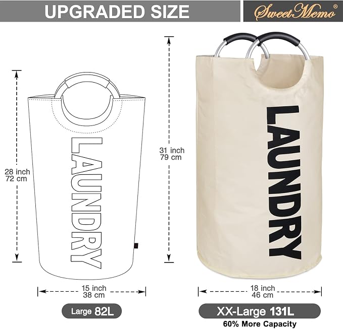 Extra Large Laundry Basket, Big Laundry Hamper Bag with Handles, 130L Beige | Freestanding Tall Dirty Clothes Hamper, Collapsible and Portable Laundry Bin for Dorms and Bedrooms, Thick, Sturdy Fabric