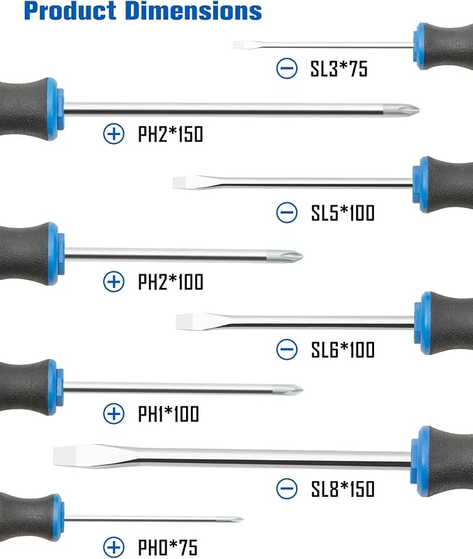 8pc Magnetic Screwdrivers Set, 4 Phillips and 4 Slotted Tips | Nichrome Tip, Silver Tip Gloss, Professional Cushion Grip, High Torque