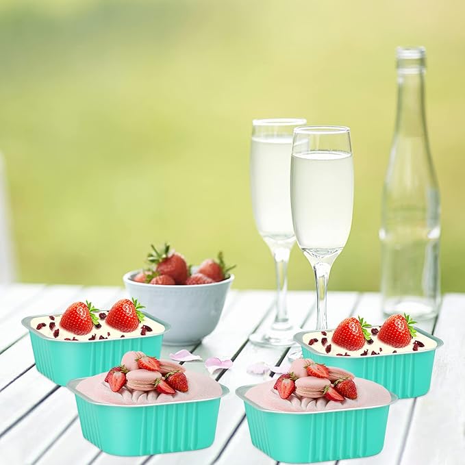 LNYZQUS 5oz Square Cupcake Pan with Lids 40 Pack, Aluminum Foil Muffin Pan Mini Cake Cups,Disposable Ramekins Brownie Baking Pans Cupcake Liners Muffin Tin-Cyan Blue