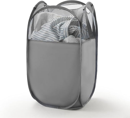 TECHMILLY Pop Up Foldable Laundry Basket, Mesh Laundry Hamper with Reinforced Handles for Dirty Clothes Storage in Dorm, Laundry Room, Bathroom, Grey(Fabric)