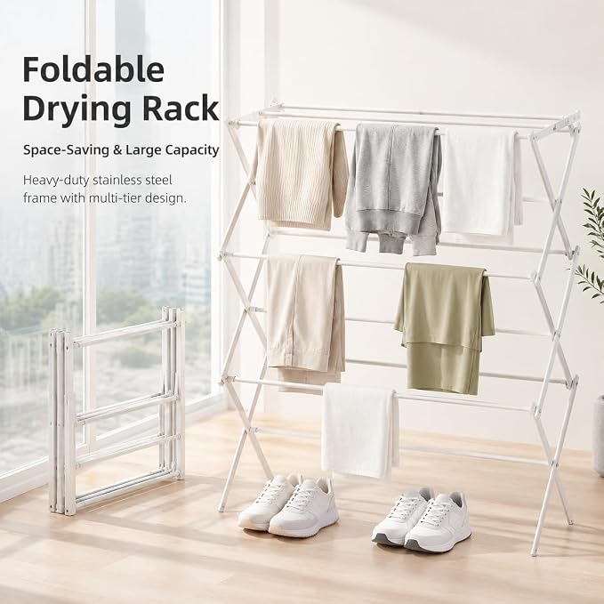 Drying Racks 3 Tier Expandable Clothes Airer Collapsible Clothes Drying Rack, Space-Saving Laundry, Hanging Clothes Indoors & Outdoors, Lightweight, Compact, Folds Away for Convenient Storage,White