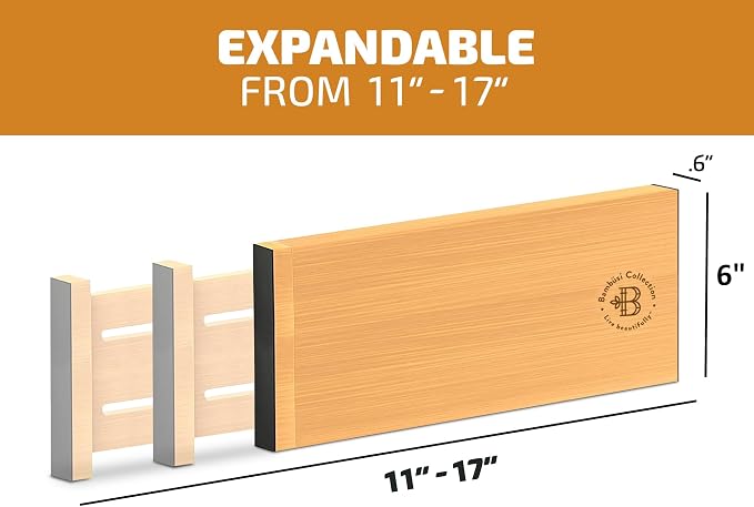 6 Pack Bamboo Drawer Dividers - 6 Inch High for Deep Drawers, Adjustable 11.5 to 17 Inch Expandable Kitchen Drawer Organizer, Spring Loaded Dresser Separator for Clothes, Bedroom, Bathroom, Office