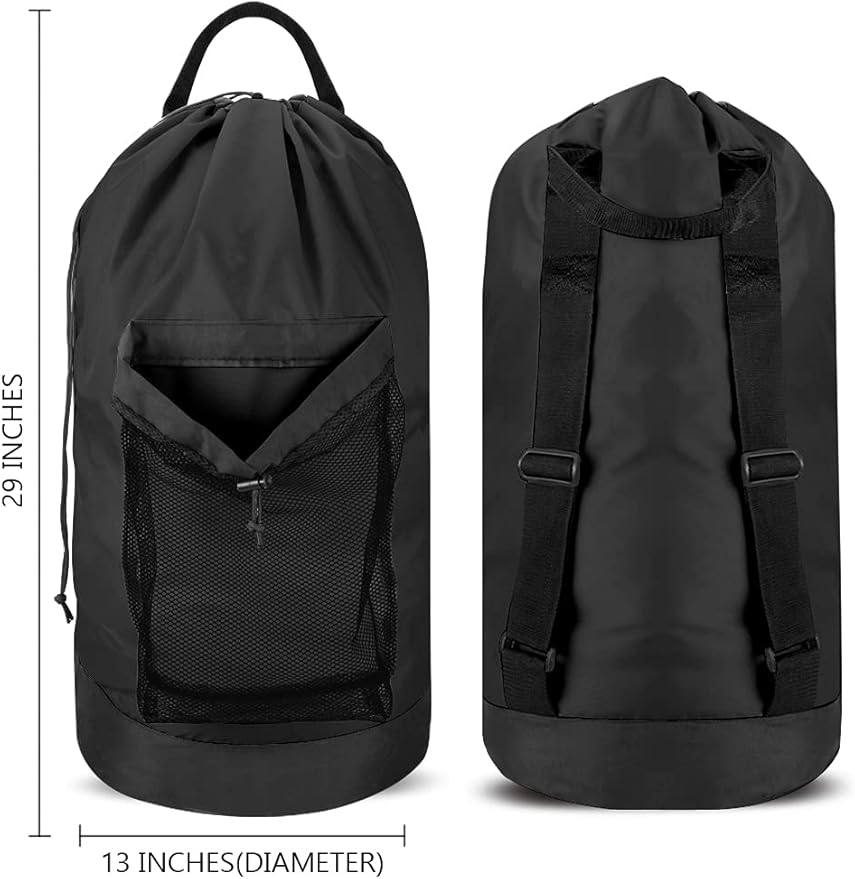 Backpack Laundry Bag, Laundry Backpack with Shoulder Straps and Mesh Pocket Durable Nylon Clothes Hamper Bag with Drawstring Closure for College, Travel, Laundromat, Apartment