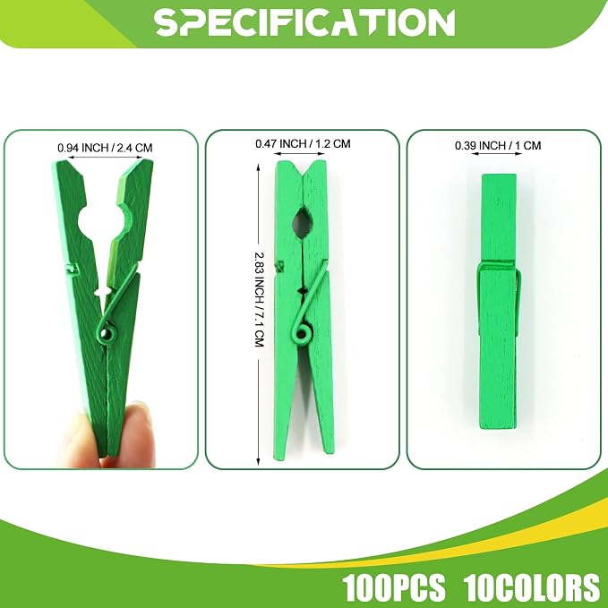 100 Pcs Green Clothes pins - 2.9 Inch Wooden Clothespins Cheer Clips | Vibrant for Crafts Classroom Decorations Clothing Pictures Laundry Solid Wood No Splinters Fade‑Proof