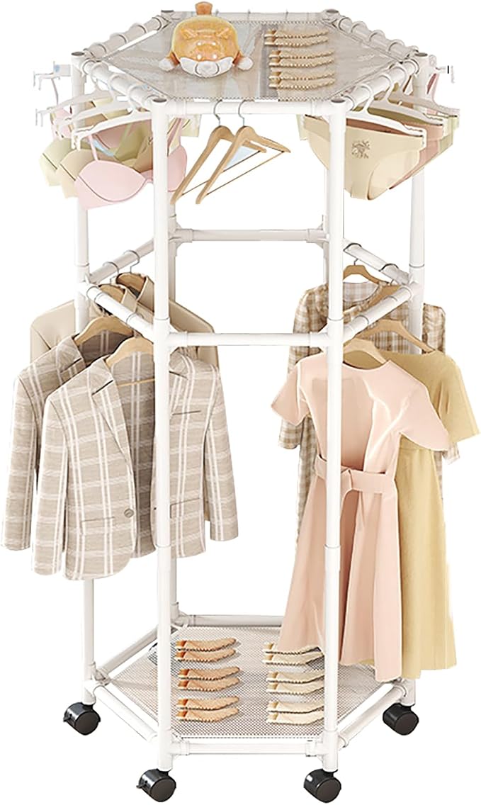 Clothes Rack with Wheels, Hexagonal Rolling Clothing Rack for Hanging Clothes, Clothes Drying Rack, Freestanding Garment Rack for Balcony, Living Room,White,2 Tiers