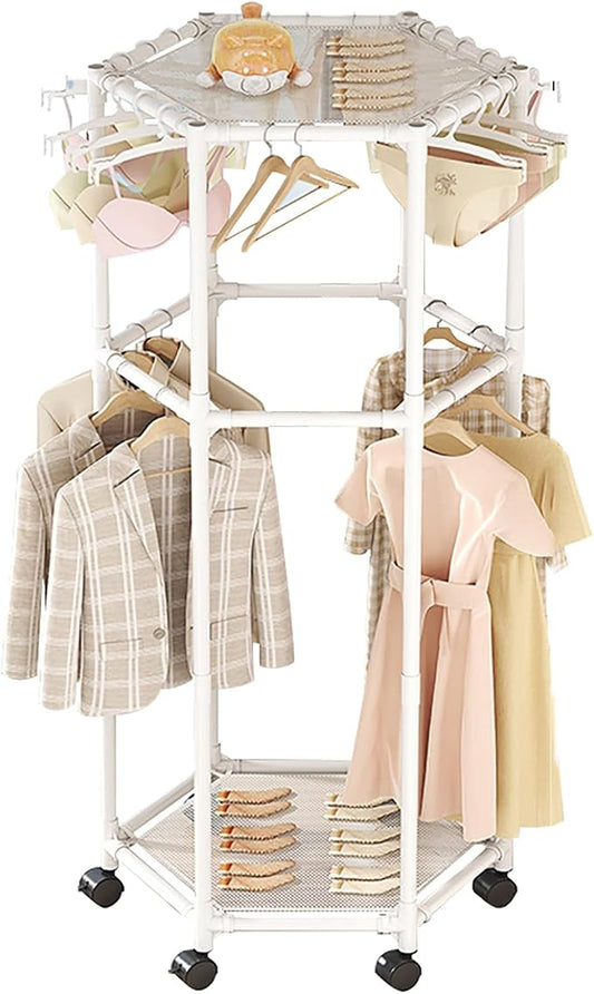 Clothes Rack with Wheels, Hexagonal Rolling Clothing Rack for Hanging Clothes, Clothes Drying Rack, Freestanding Garment Rack for Balcony, Living Room,White,2 Tiers