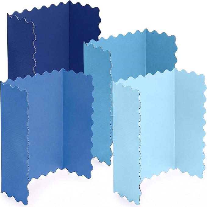 Mooliwe 4 Pack 21" x 14" Trifold Poster Board Gradient Blue Corrugated Scalloped 3 Fold Small Display Boards Foldable Business Paper Board for Presentation Science Fairs Event School Projects