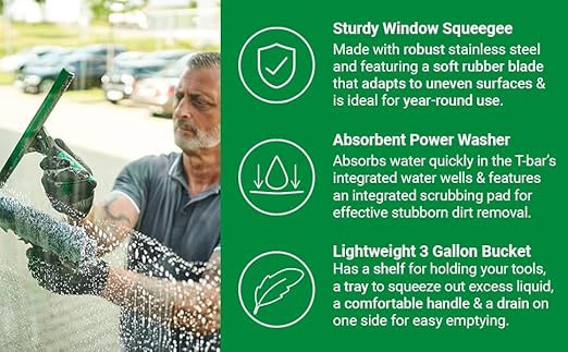Unger Commercial Window Cleaning Kit – 3-in-1 Starter Set with 14" Squeegee, Microfiber Washer with T-Bar Handle & 3-Gallon Bucket – Complete Glass Cleaning System, WNK13