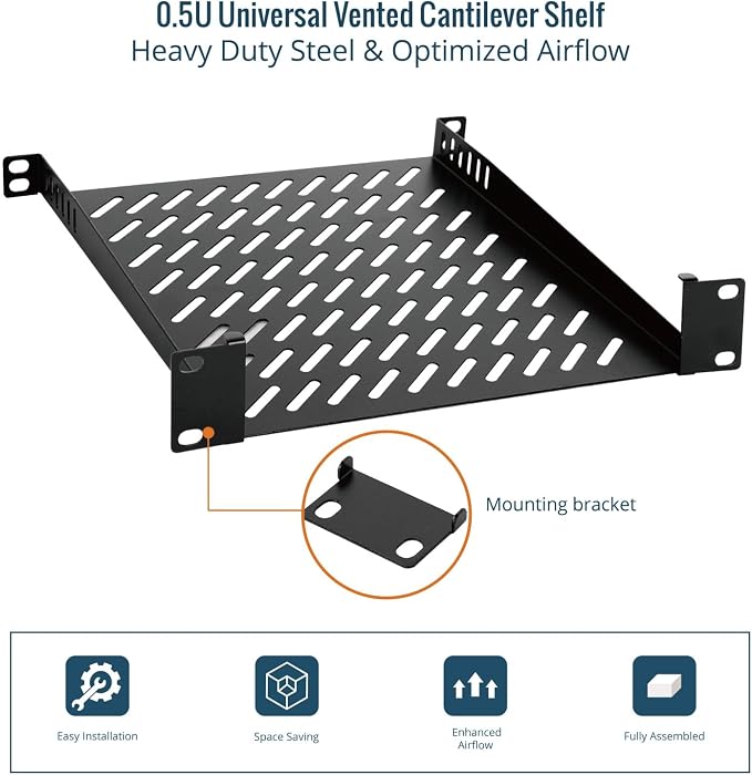 Tecmojo 0.5U Rack Mount Shelf for 10" Server Rack, 10.23" Deep Vented Cantilever Tray, Metal Shelf for Network Cabinet, Server Enclosure, Enhanced Airflow, Black