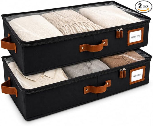 HOMELUX THEORY 2pc Under Bed Storage Containers, Bedroom Under the Bed Drawer Storage Organizer with Bins and Lids, Medium Underbed Clothes Storage Box Ideal for Blanket, Fabric, & Shoes (Black)