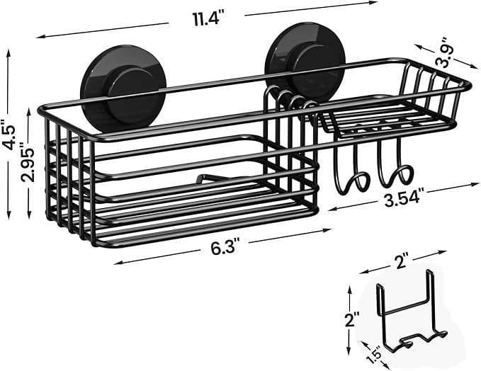 LEVERLOC Suction Cup Shower Caddy, Black Bathroom Shelf Shower Organizer With Hook And Soap Holder, No Drill Bathroom Caddy